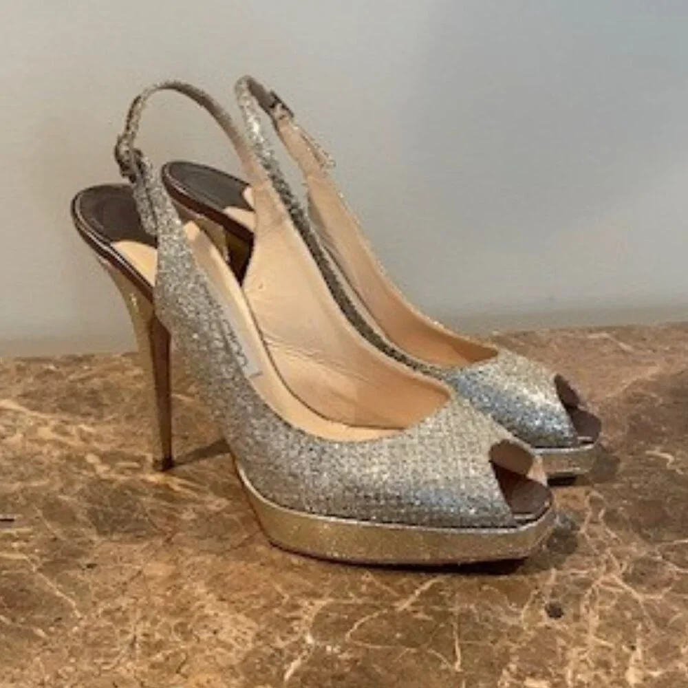 Jimmy Choo CLUE Champagne Platform PeepToe Slingback Heels – Sz 7.5